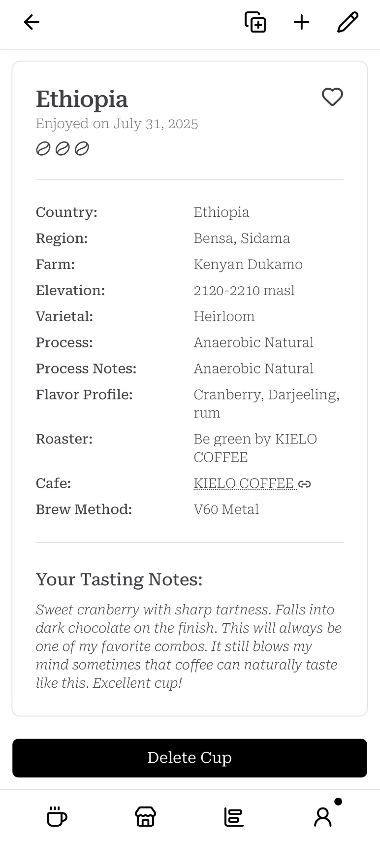 Single cup detail view showing origin, producer, process, brew method, and tasting notes