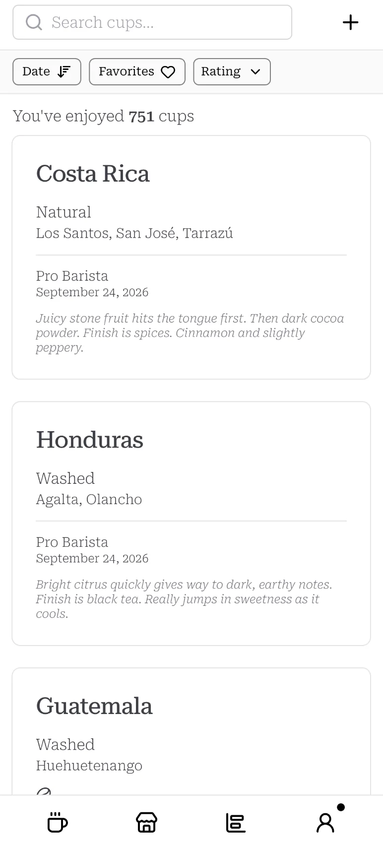 Cup list view showing a scrollable library of logged coffees with origin, roaster, and rating